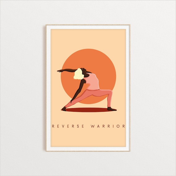 Reverse Warrior Retro Yoga Standing Pose Sun Circle Flat Illustration Print