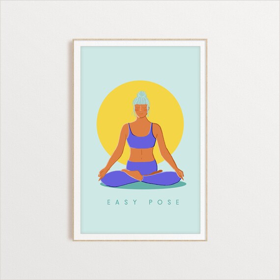 Easy Pose Retro Yoga Meditation Sun Circle Flat Illustration Print