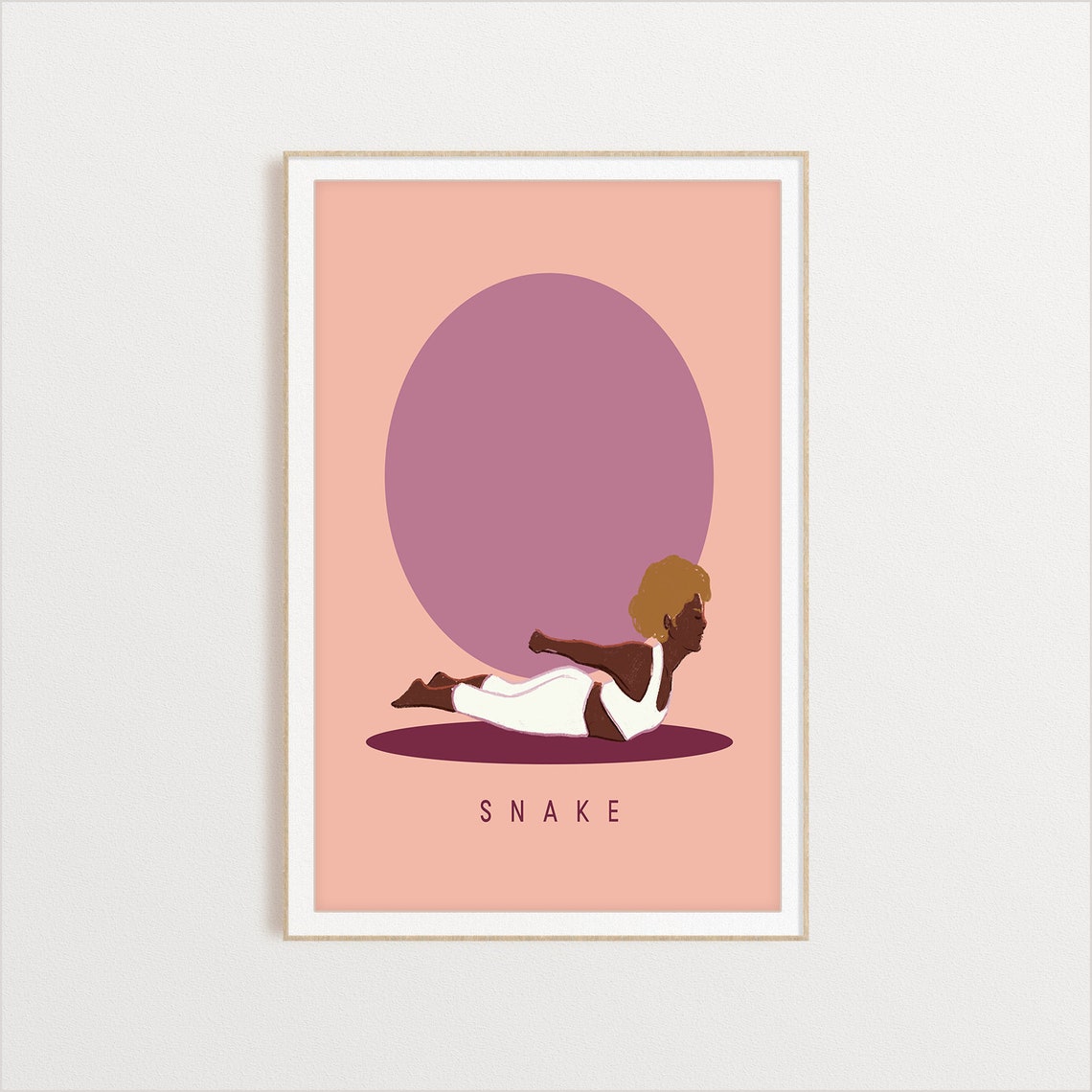 Snake Yoga Pose Illustration With Mauve Sun On Blush Pink Poster