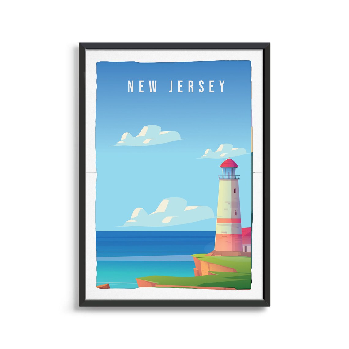 New Jersey Coastal Lighthouse Blue Sea Travel Souvenir Poster