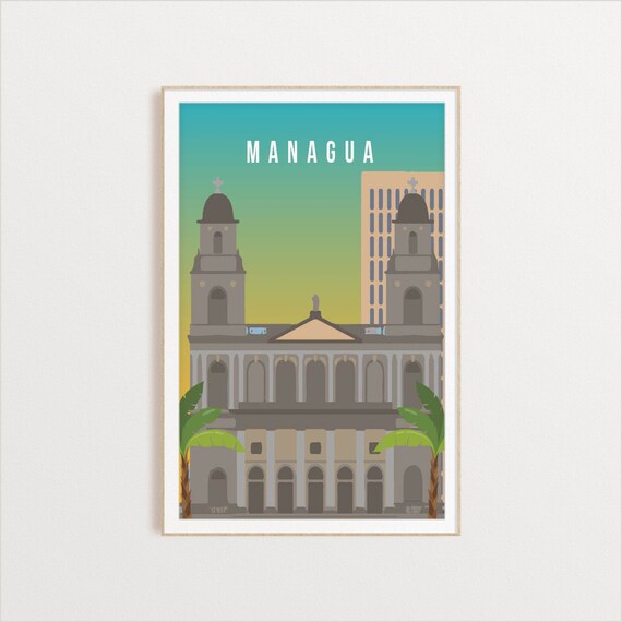 Managua Nicaragua Travel Poster With Colonial Cathedral Sunset Art