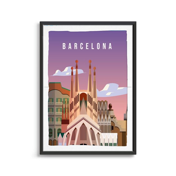 Barcelona Vintage Travel Art Sagrada Familia Spires Dusk Poster