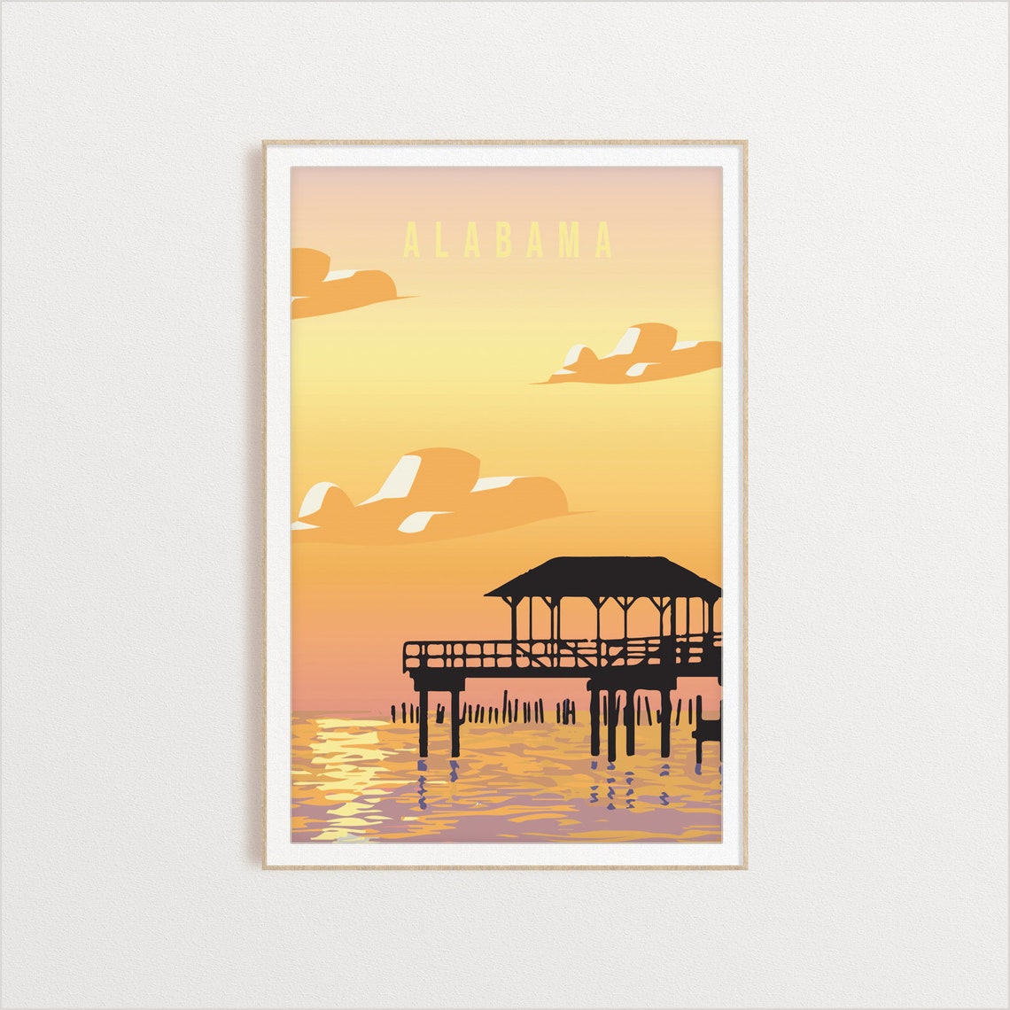 Alabama Sunset Pier Over Ocean Waves Vintage Travel Art Poster - Image 2