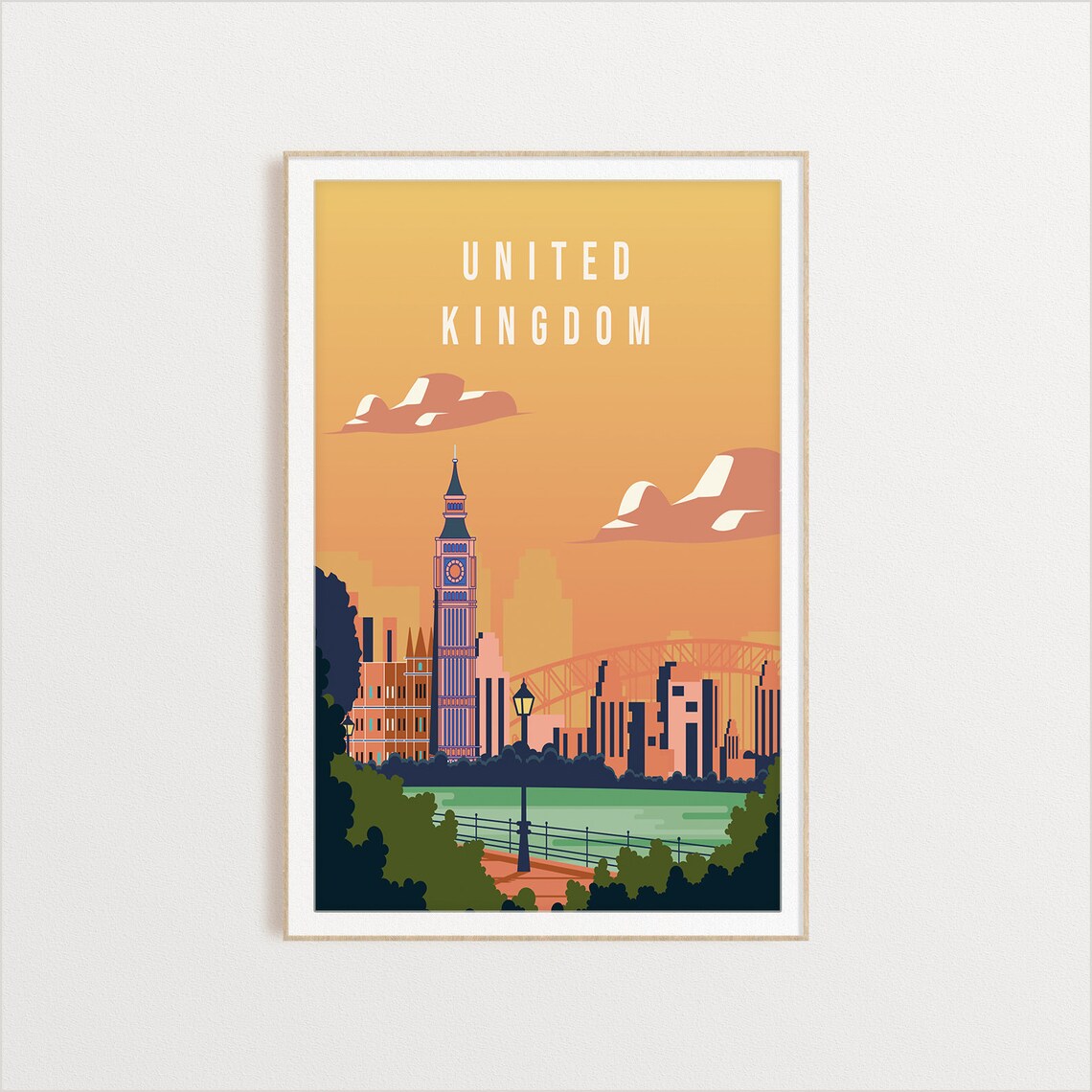 United Kingdom Big Ben London Sunset Skyline Vintage Travel Poster