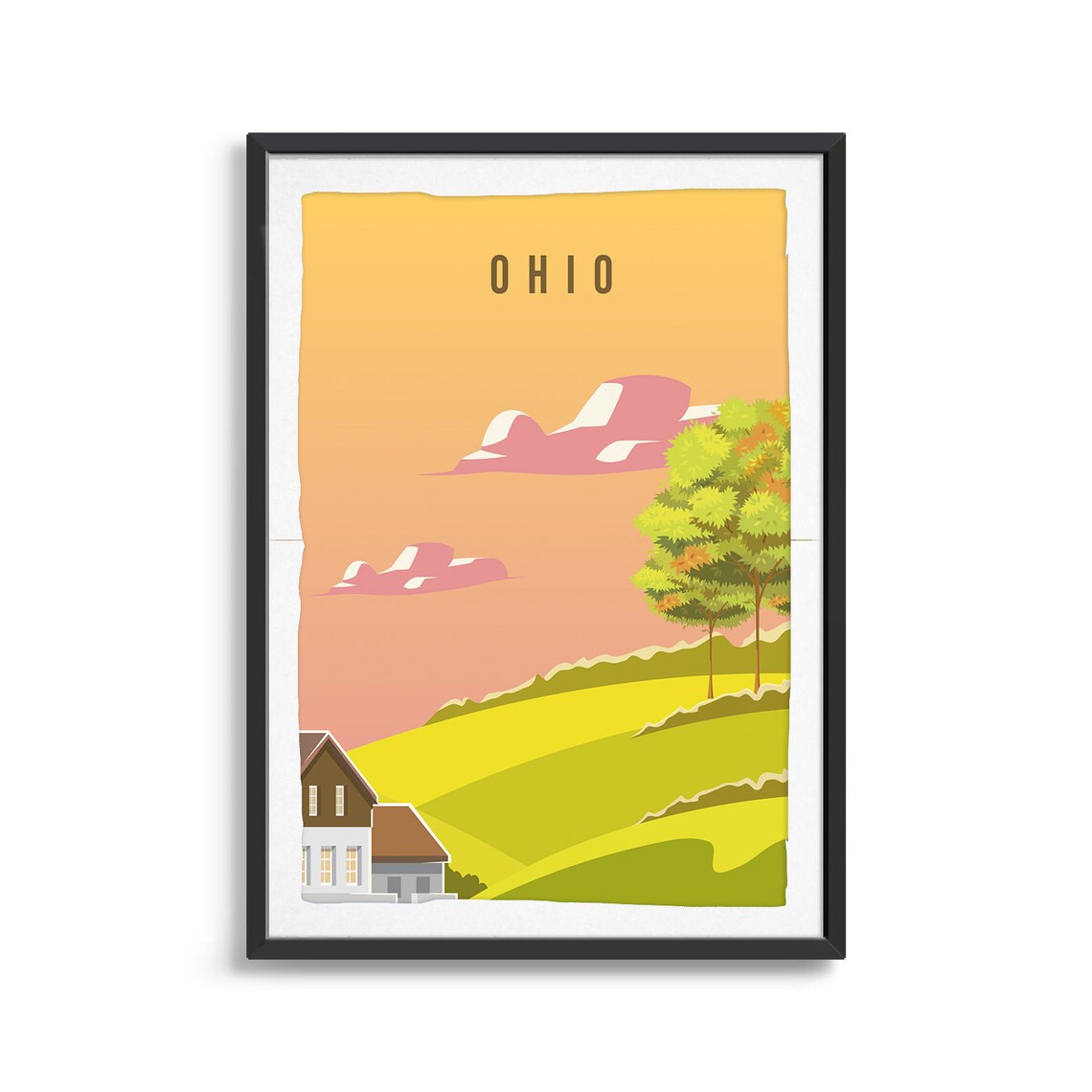Ohio Rolling Green Hills Farmhouse Autumn Vintage Travel Poster