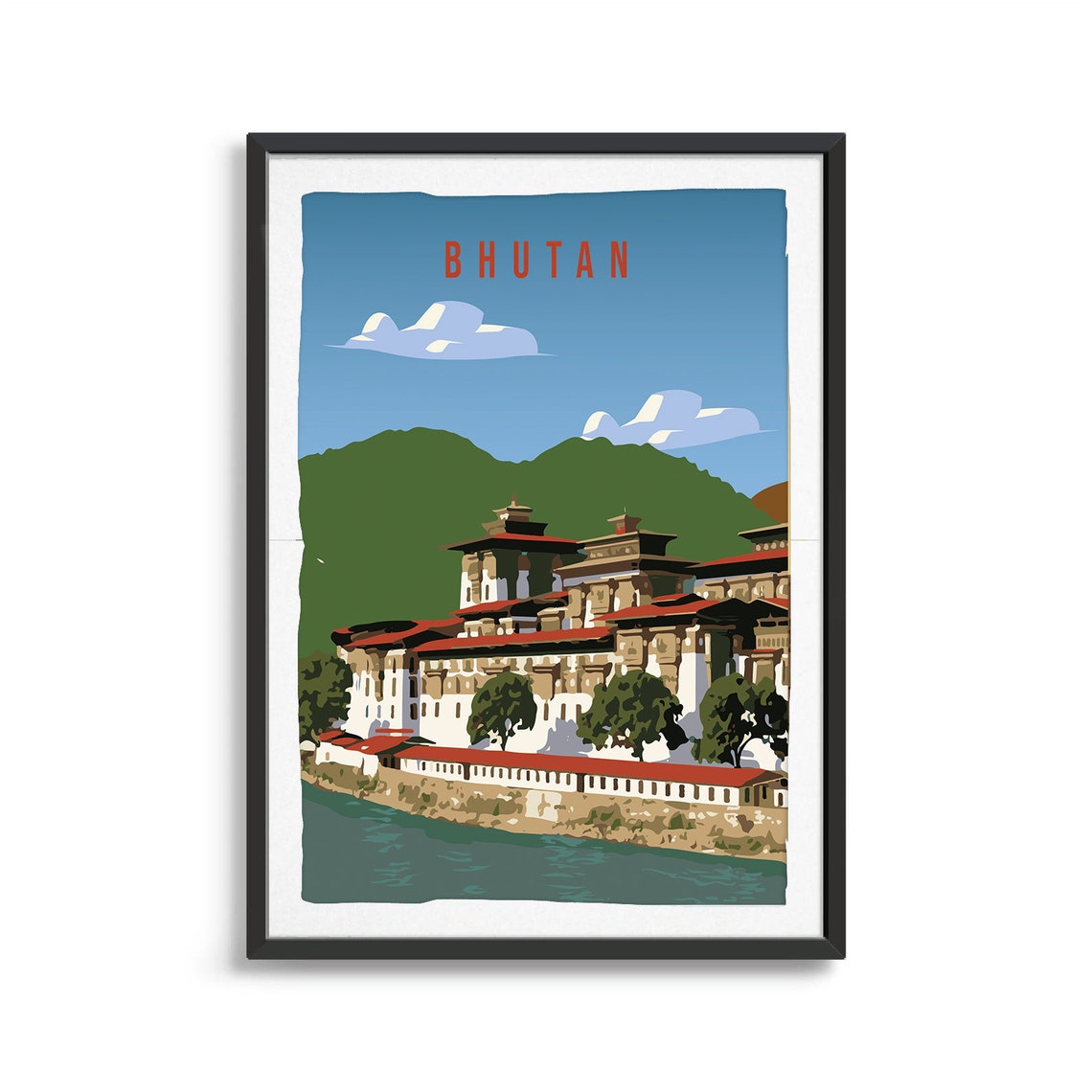 Bhutan Himalayan Fortress Temple River Vintage Travel Poster