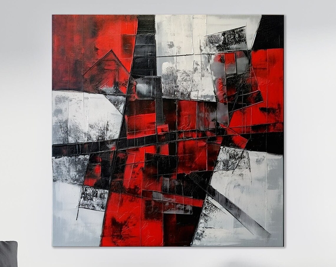 Red Black White Abstract Geometric Bold Modern Oil Wall Art Poster