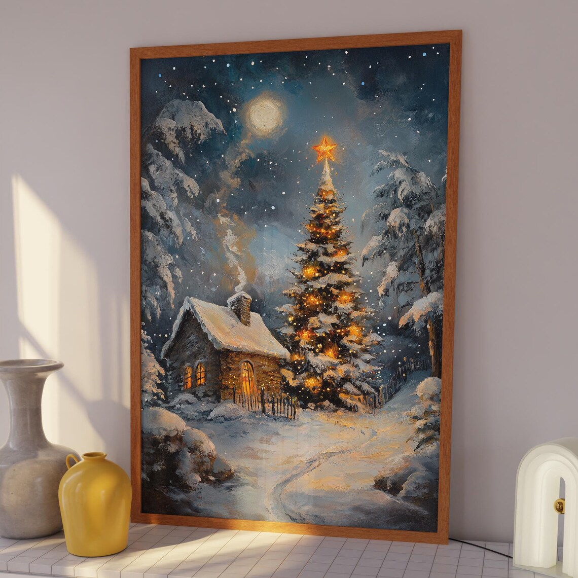 Snowy Cottage Winter Wonderland Lit Tree Moonlight Night Poster - Image 3