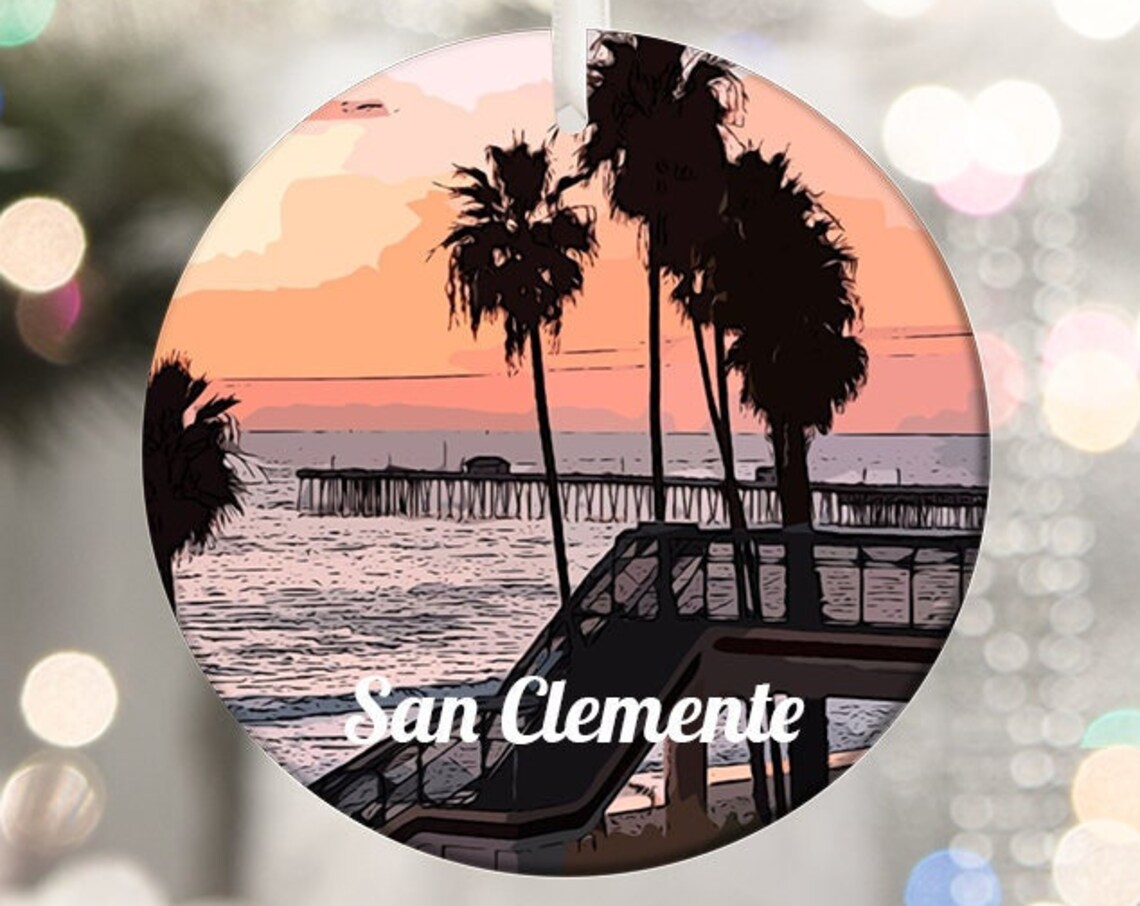 San Clemente Pier Sunset Palm Trees California Coast Christmas Poster