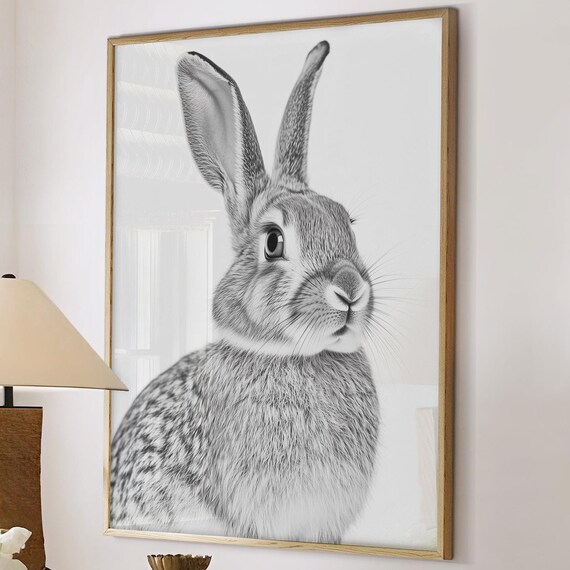 Black and White Hare Portrait Looking Aside Photography Poster