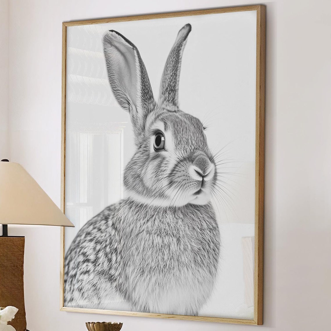 Black and White Hare Portrait Looking Aside Photography Poster