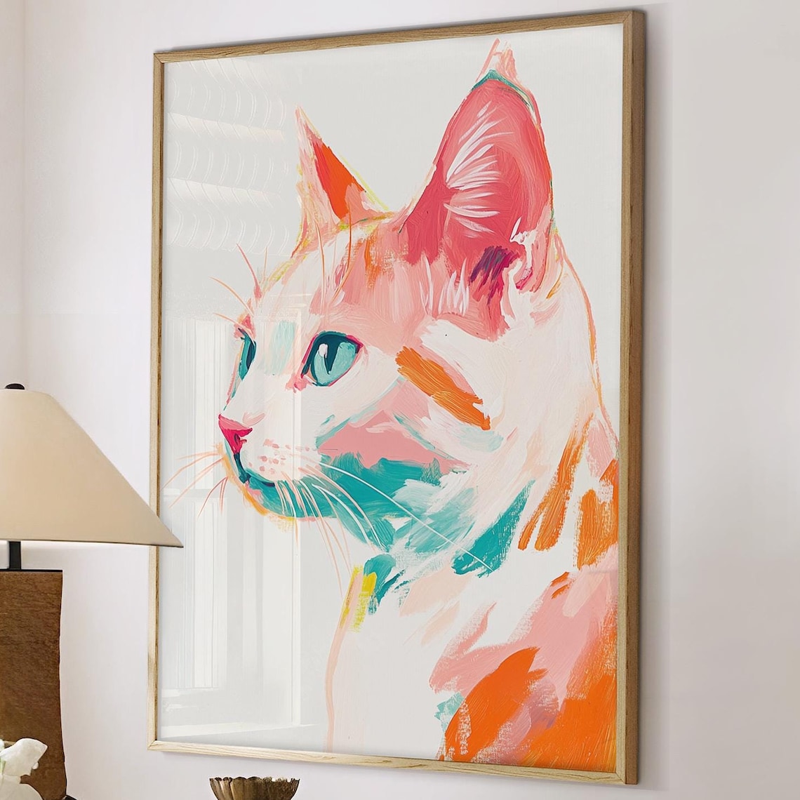 White Cat Profile Pastel Painting Modern Feline Portrait Wall Art