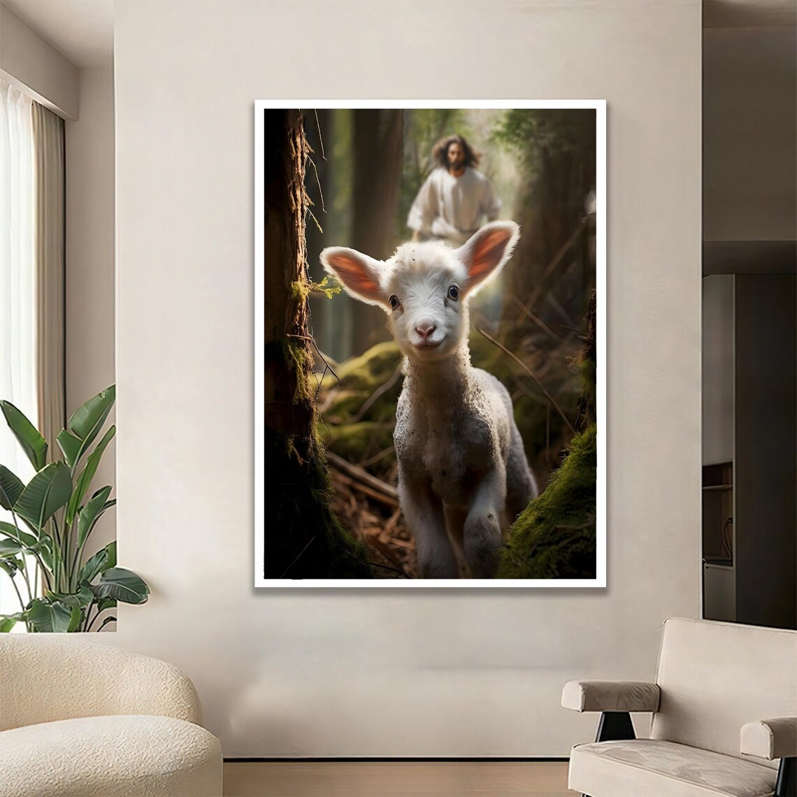 Jesus and Lamb in Sunlit Forest Faith Christian Shepherd Art Poster