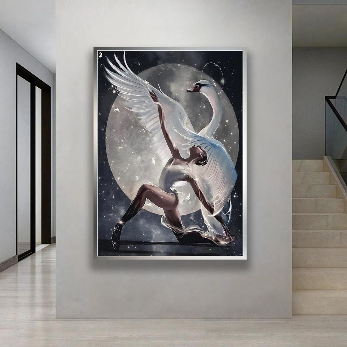 Swan Lake Ballerina With White Swan Under Moon Fantasy Poster