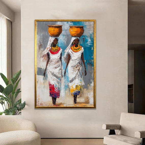Two African Women Wall Art White Dress Carrying Canvas Ethnic Female Portrait