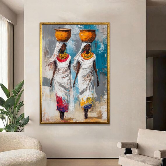 Two African Women Water Pots White Dresses Bold Impasto Oil Painting Poster