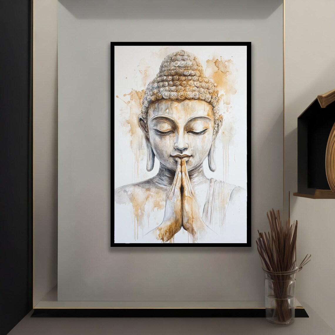 Praying Buddha Portrait Golden Sepia Zen Meditation Wall Art