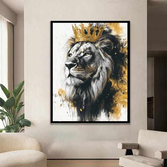 Majestic Lion With Golden Crown Regal Wildlife Wall Art Powerful Home Decor