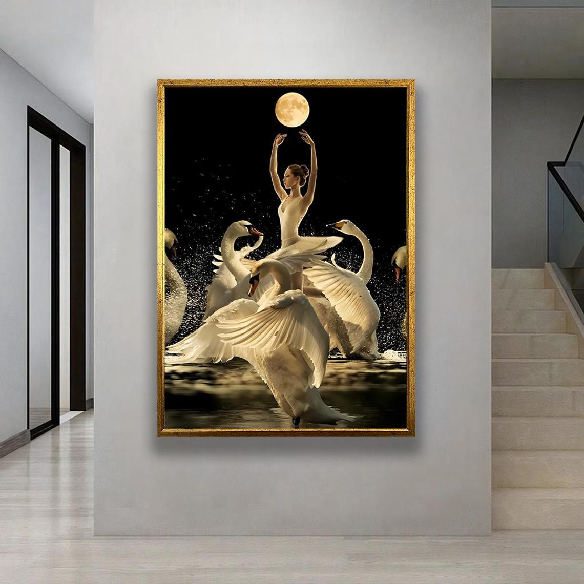 Dreamy Moonlit Swan Ballerina Elegant Black Gold Dance Art Poster