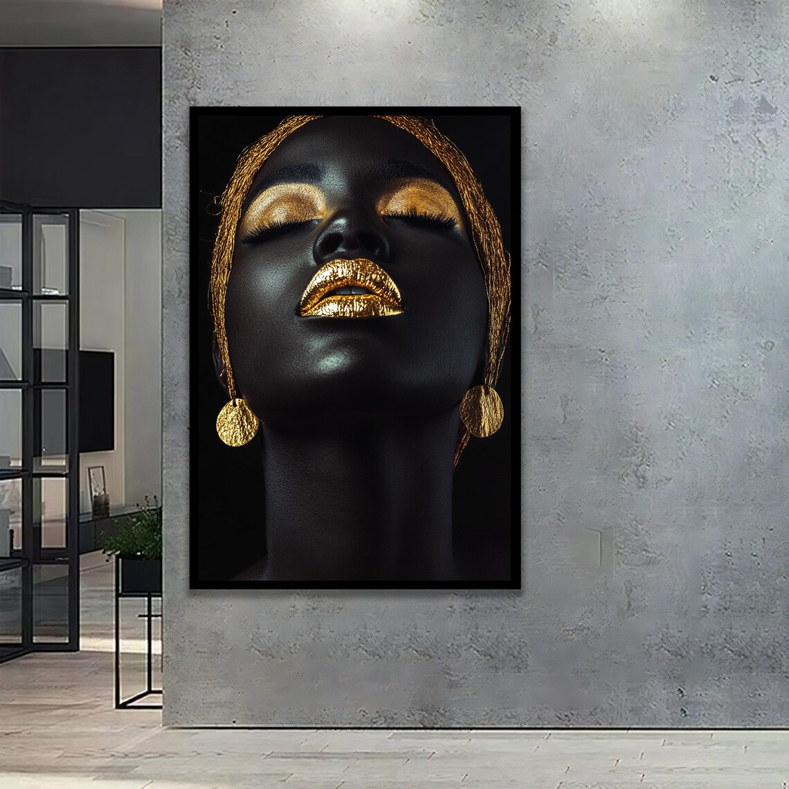 Black Woman Gold Lips Gold Headscarf Elegant Beauty Portrait Poster