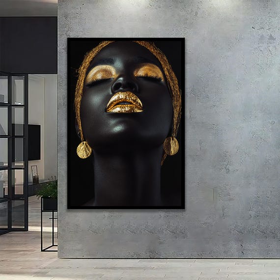 African Woman Portrait Golden Lips With Bandana Abstract Art