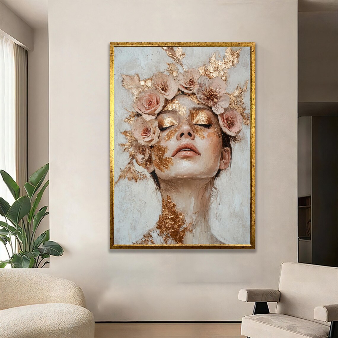 Golden Woman Floral Crown Portrait Elegant Gold Leaf Artwork Poster