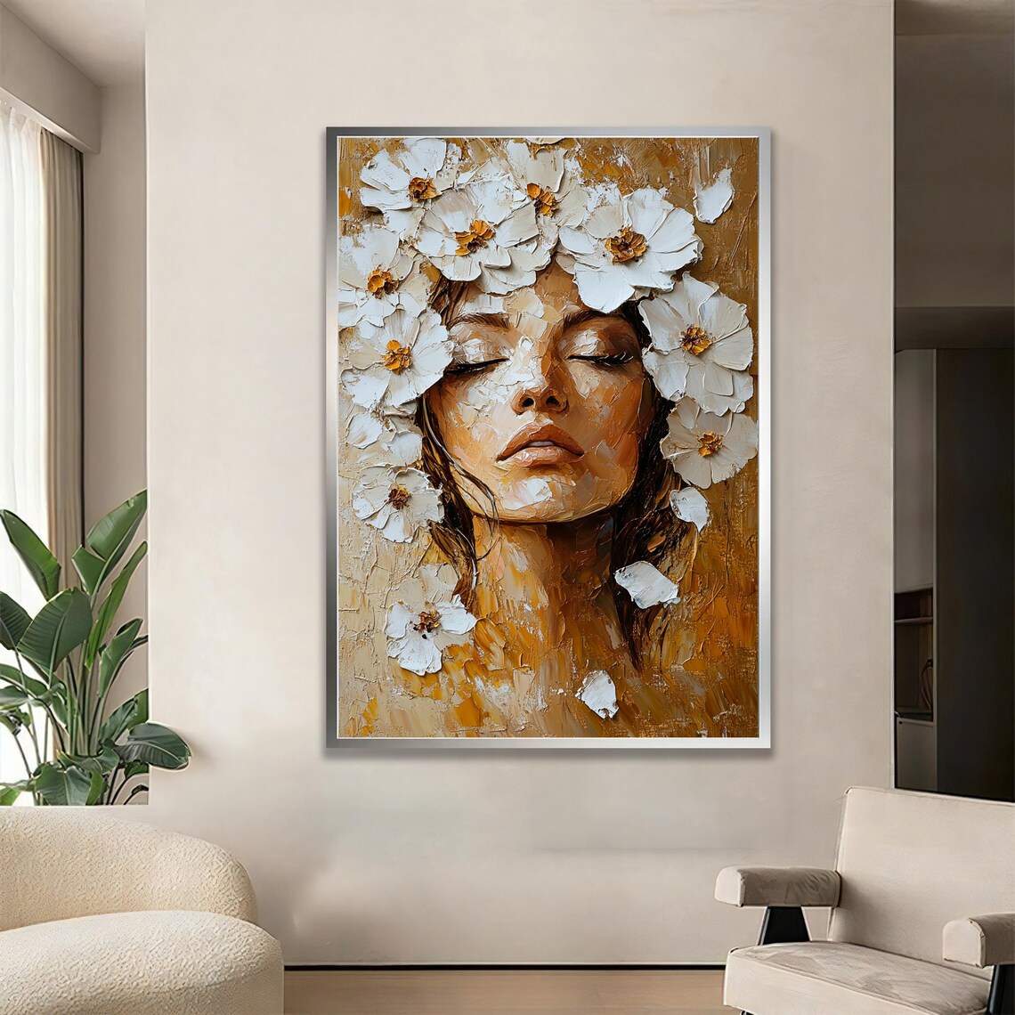Woman With White Flower Crown Golden Impasto Oil Painting Poster