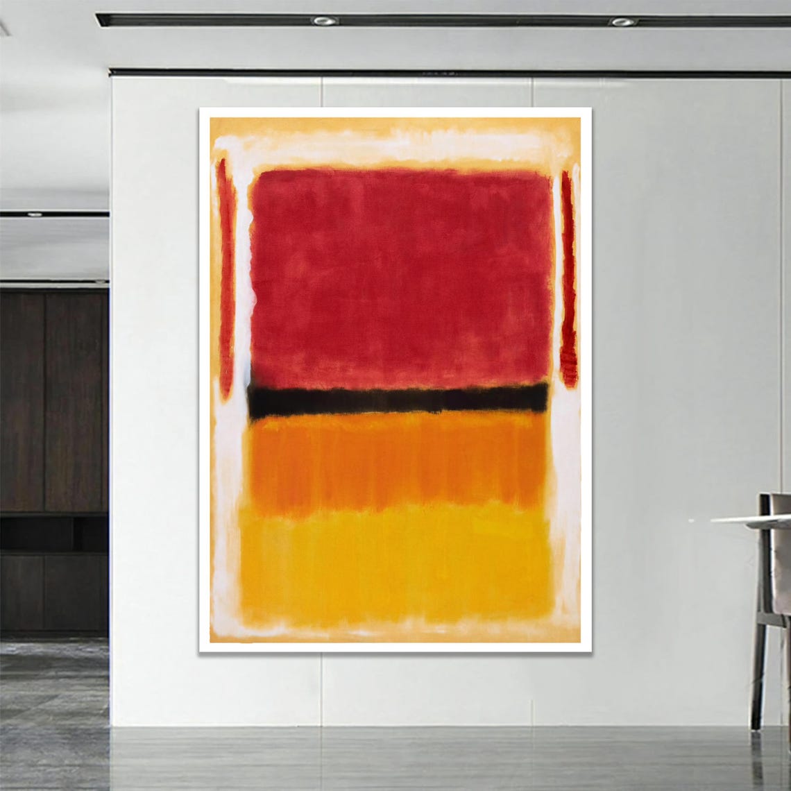 Abstract Beige Red Yellow Blocks Black Stripe Modern Art Poster