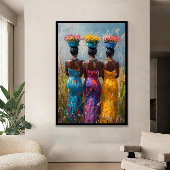 African Women With Flower Baskets Colorful Boho Ethnic Wall Art For Home Decor