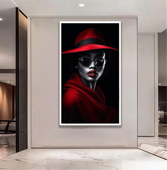 Red Hat Lady Monochrome Fashion Portrait With Red Lips Poster