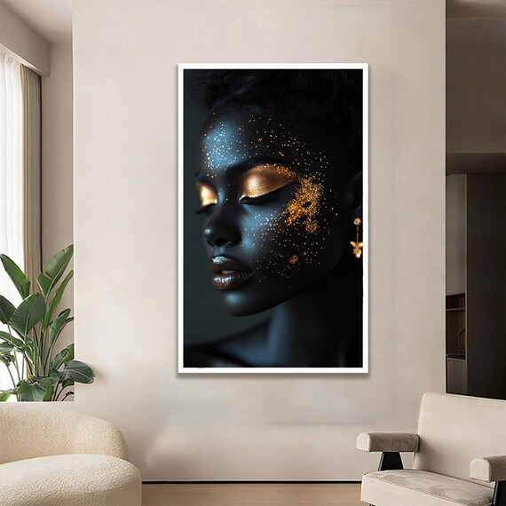 Golden Glitter African Woman Portrait Dark Moody Elegance Poster
