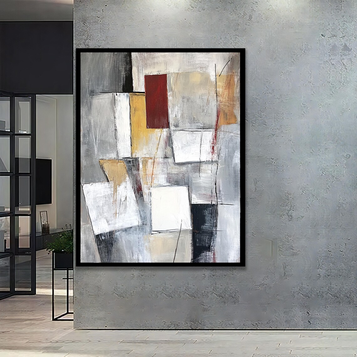 Neutral Geometric Abstract White Gray Beige Rectangles On Canvas Minimalist Wall Art