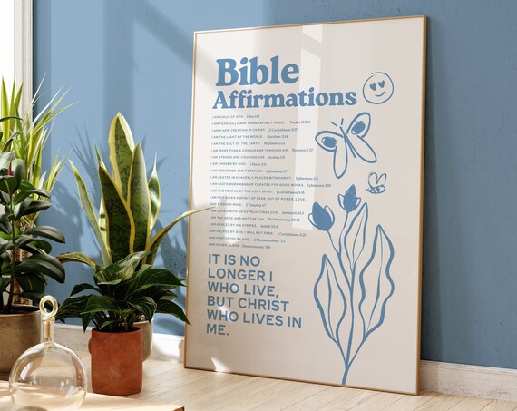 Bible Affirmations Blue Scripture List Smiley Butterfly Doodle Faith Poster