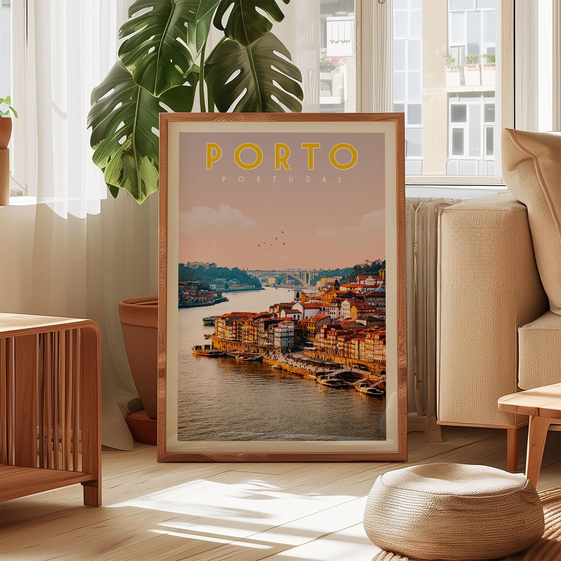 Porto Portugal Vintage Travel Poster Riverside Old Town View