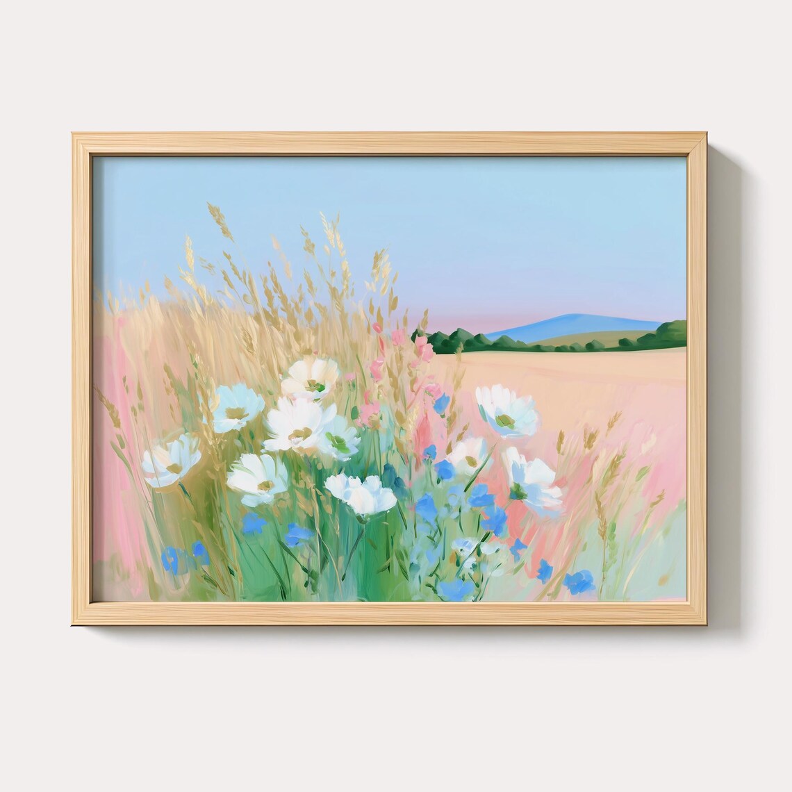 Pastel Wildflower Meadow Daisies Blue Blooms Golden Grasses Poster