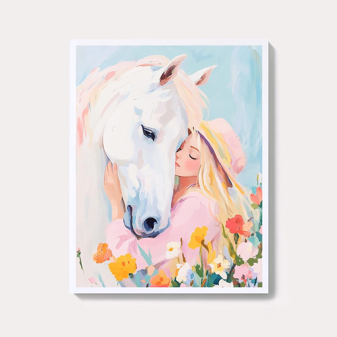 Girl Hugging White Horse Floral Watercolor Equine Art Poster