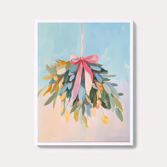 Hanging Mistletoe With Pink Bow Christmas Greenery Holiday Poster