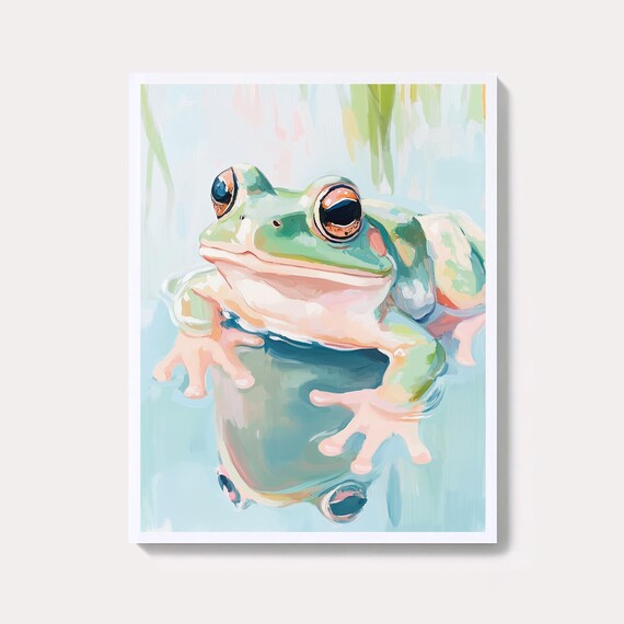 Cute Green Frog Close Up Pastel Watercolor Amphibian Art Poster