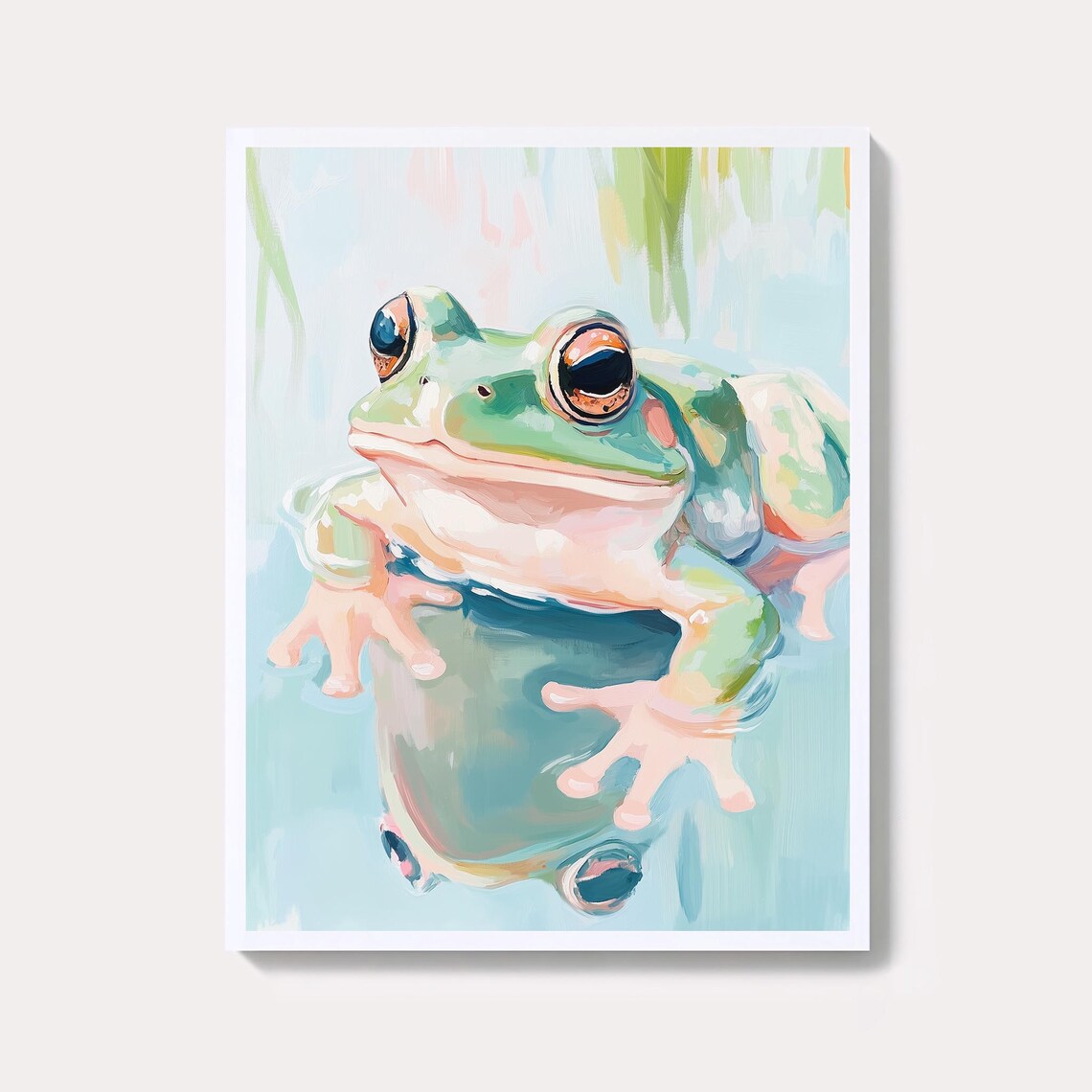 Cute Green Frog Close Up Pastel Watercolor Amphibian Art Poster