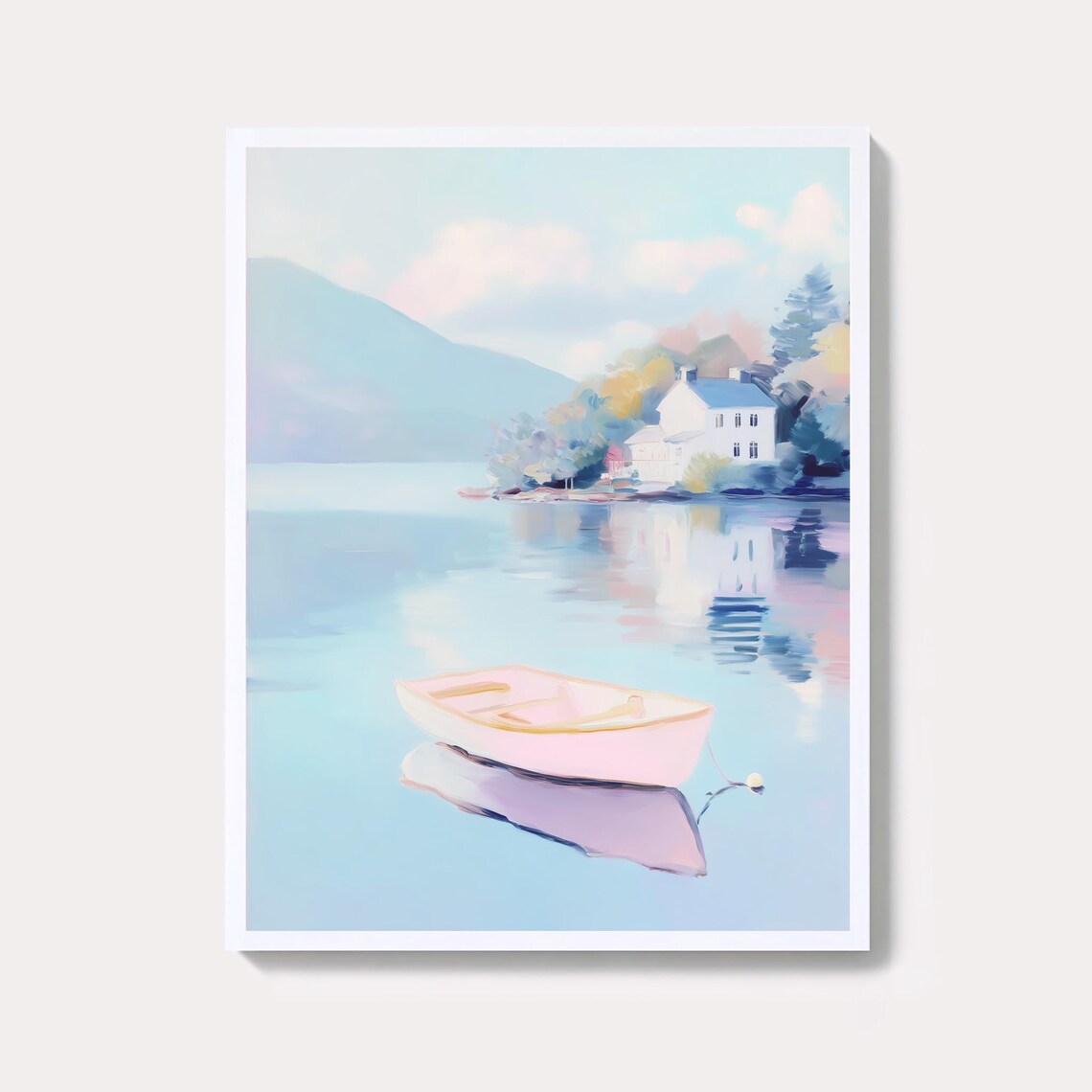 Pastel Lakeside Painting with Boat and Cottage Countryside Poster