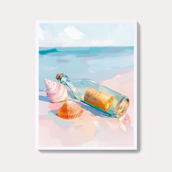 Message in a Bottle on a Pink Beach Seashell Coastal Wall Art