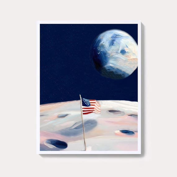 Us Flag On The Moon Print Space Wall Art
