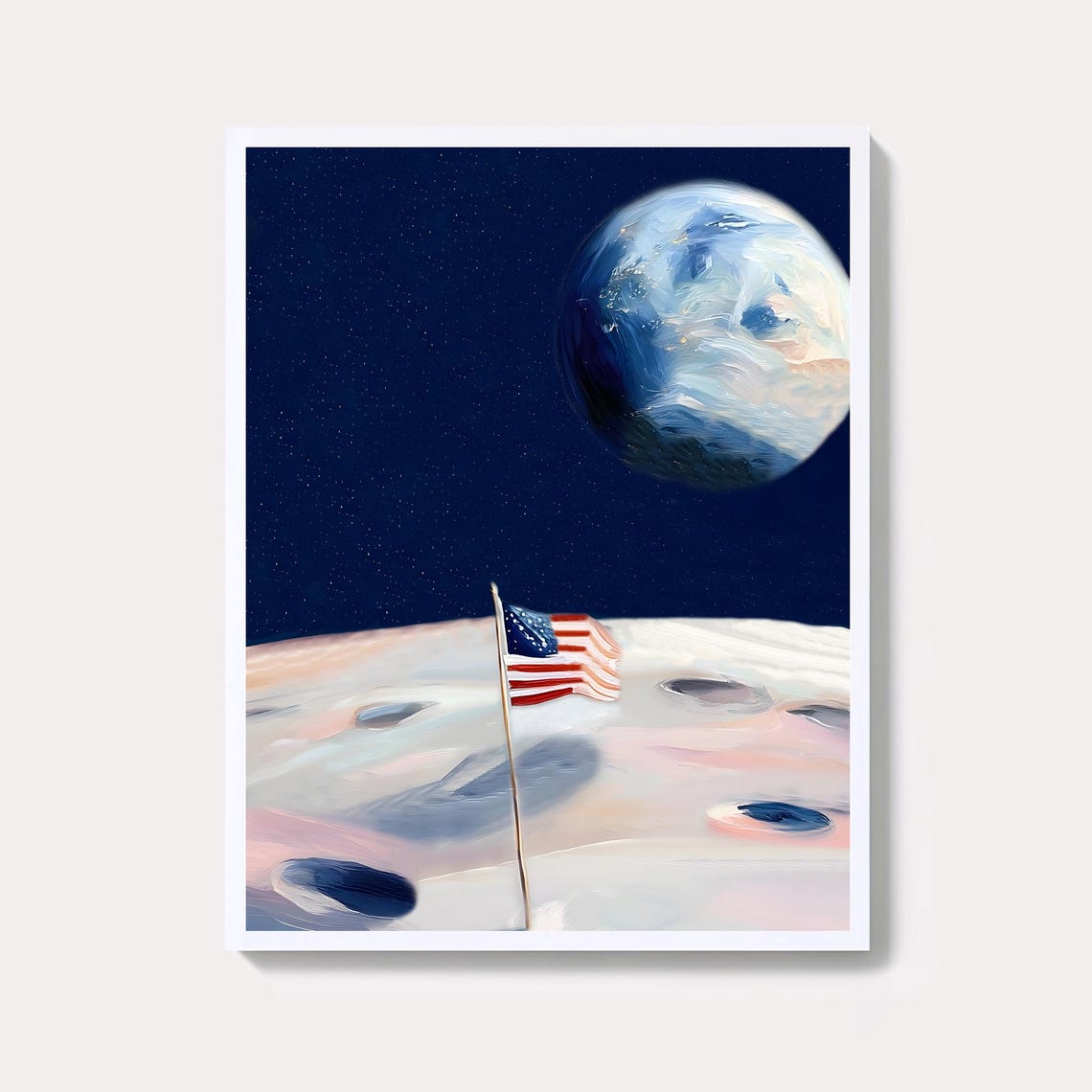 American Flag Planted on the Moon Surface Minimalist Space Poster