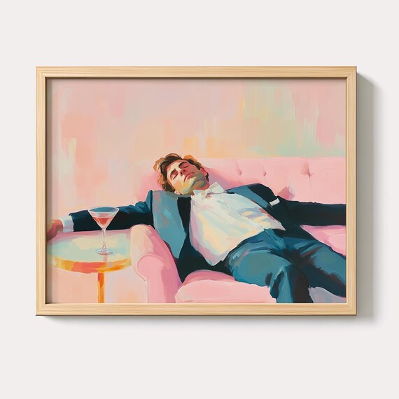 Man Reclining on Pink Couch Pastel Cocktail Lounge Art Poster