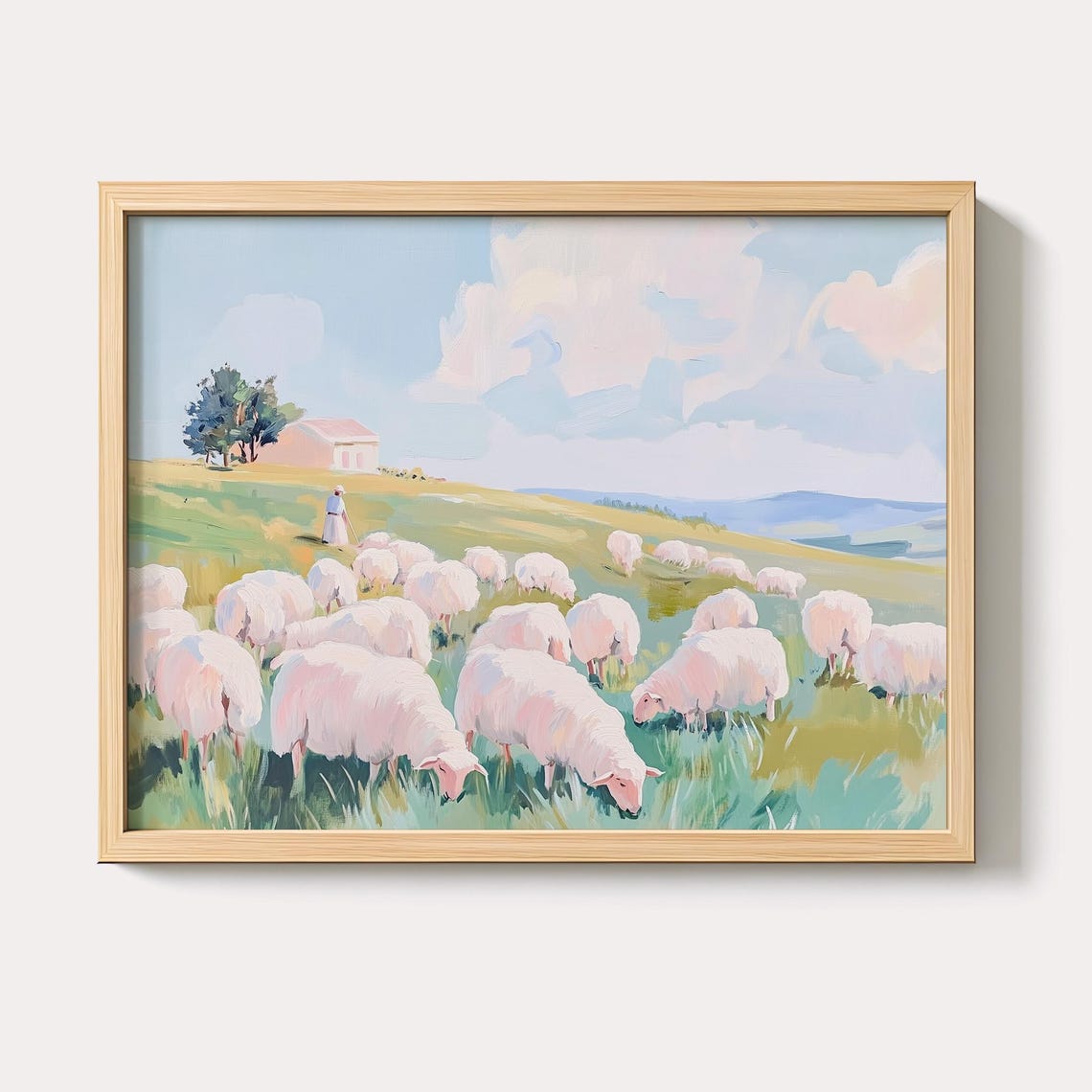 Pastel Sheep Grazing In Green Meadow Shepherd Farm Scene Poster