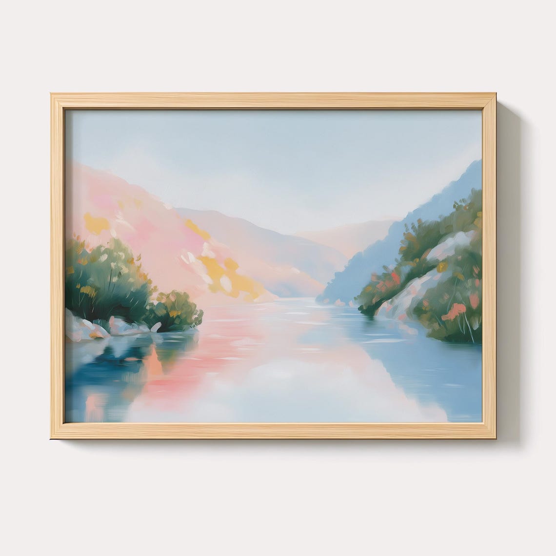 Pastel Mountain Lake Valley Reflections Serene Nature Art Poster
