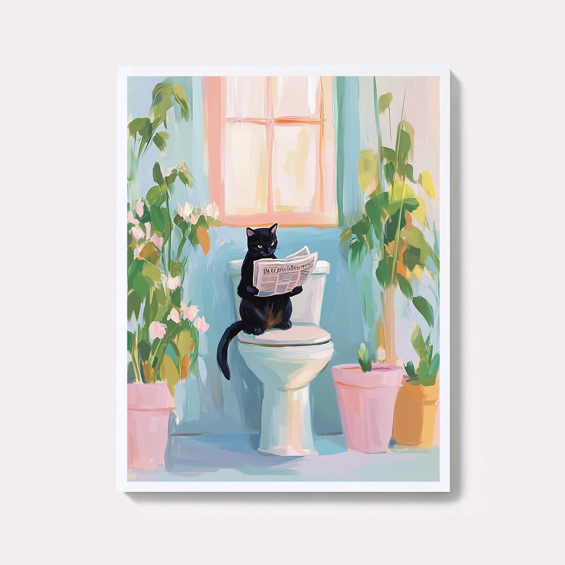 Black Cat Reading Newspaper On Toilet Funny Pastel Bathroom Art Print