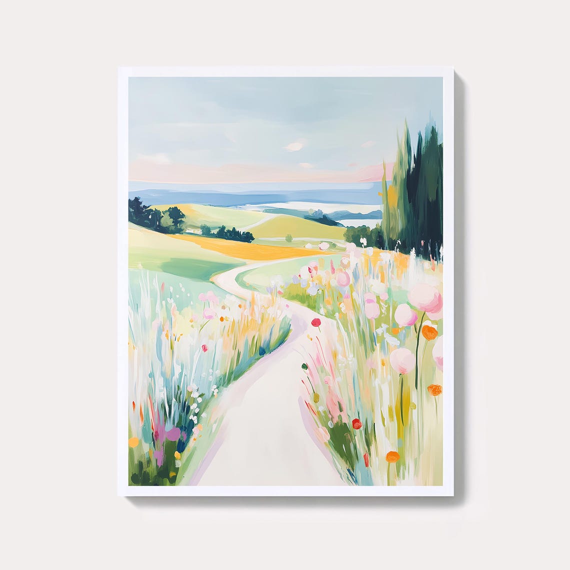 Wildflower Meadow Path Pastel Impressionist Rolling Hills Art Poster