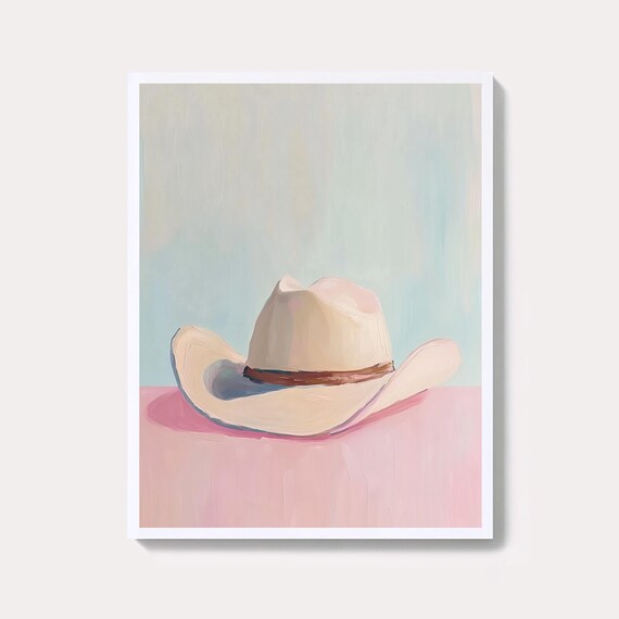 Cream Cowboy Hat Pastel Watercolor Art Print Western Rodeo Minimal Decor