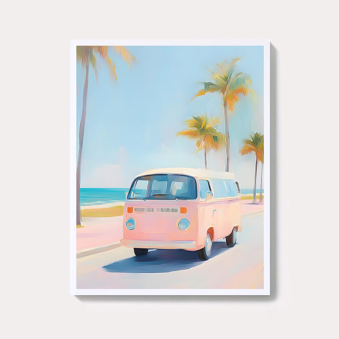 Vintage Retro Pink Camper Van on a Palm Beach Road Travel Poster